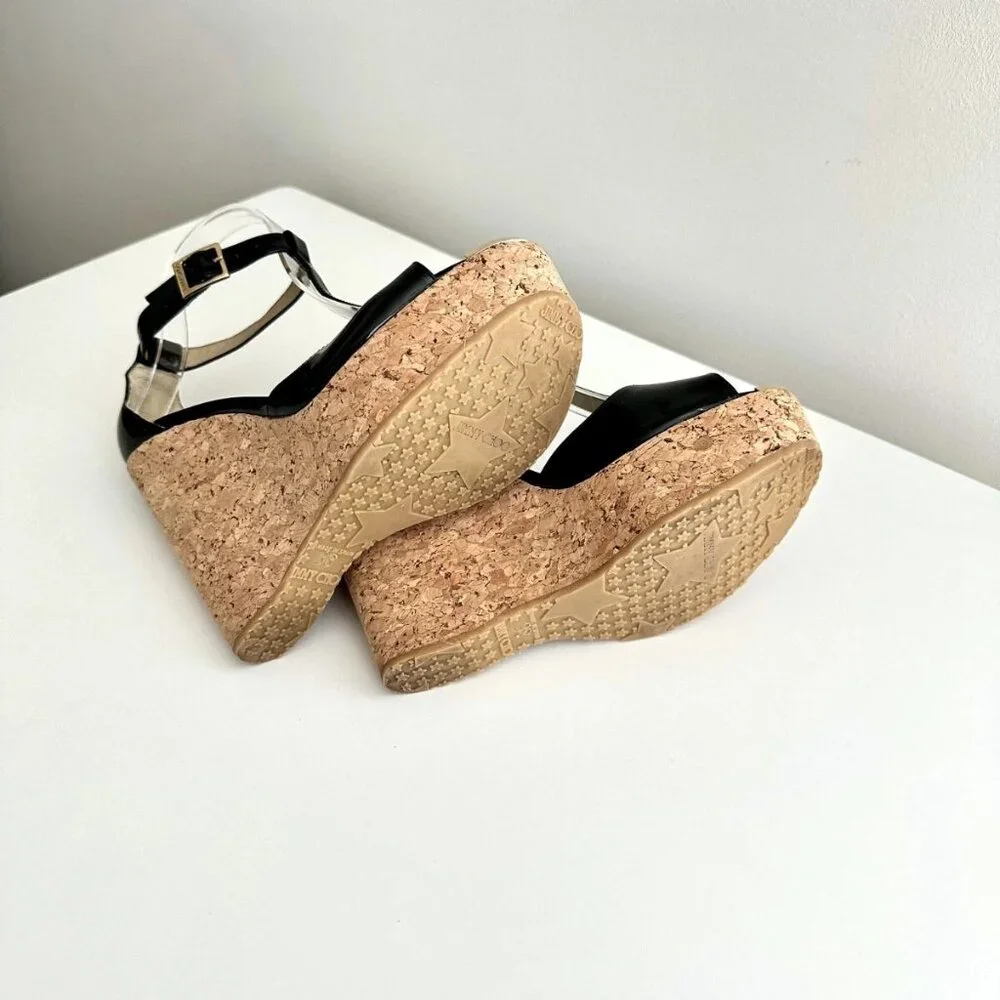 JIMMY CHOO Black Patent Leather T-Strap Platform Cork Wedge Sandals Size 38